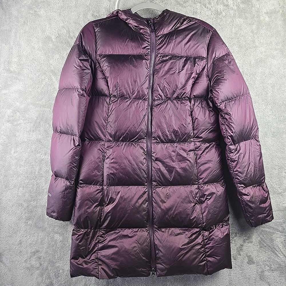 Eddie Bauer Luna Peak Womens M Down Puffer Coat Jacket EB550 Purple Hooded Long